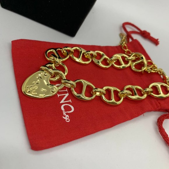 Uno de 50 Necklace Gold-plated Heavy Double Link Necklace Large Heart Lock - Picture 2 of 7